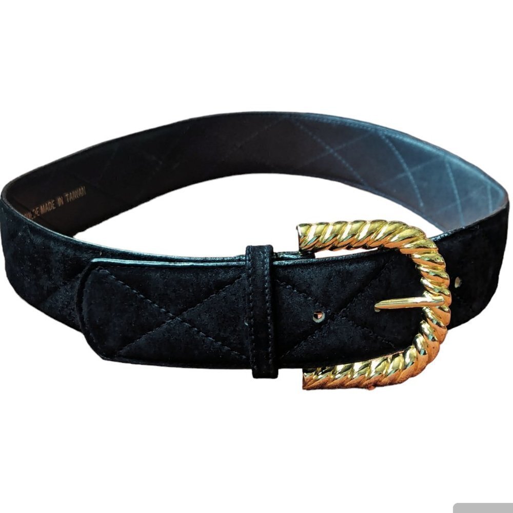 Vintage Sostanza Black Suede Quilted Belt Buckle Gold Twist Preppy Old Money 80s